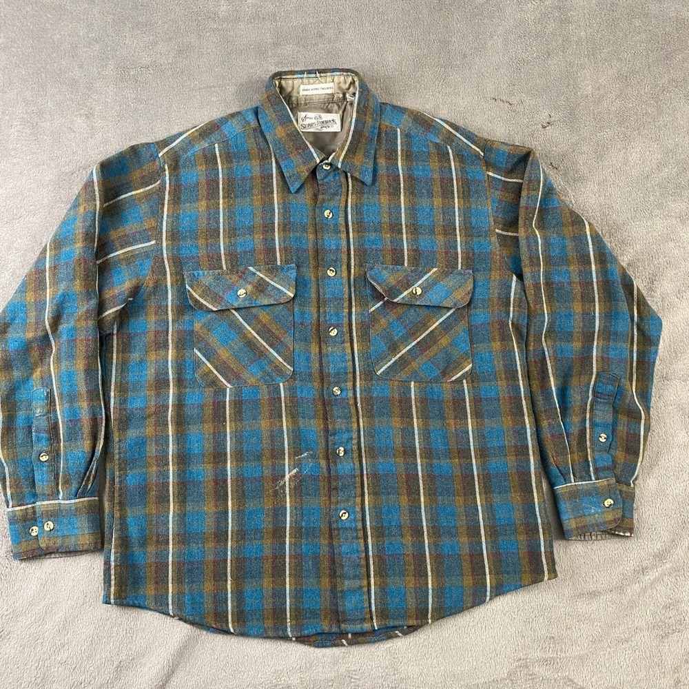 Sears Roebuck Flannel Mens L Blue Brown Plaid Vintage Wool Blend Button Up Shirt